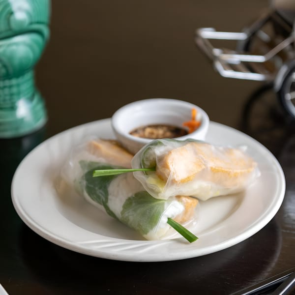 Two fresh Vietnamese spring rolls with tofu and greens, served with a dipping sauce.