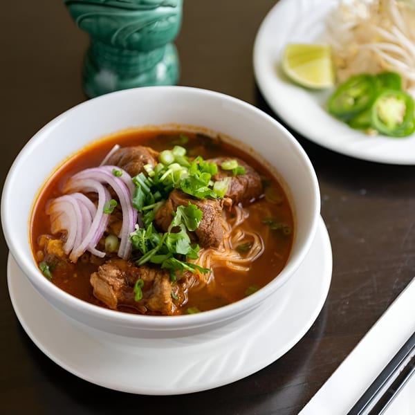 A bowl of Vietnamese beef stew with noodles, red onions, and cilantro, with a side of bean sprouts, lime, and jalapeños.
