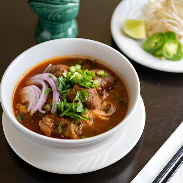 A bowl of Vietnamese beef noodle soup with red onions, green onions, and cilantro, with a side of bean sprouts, lime, and jalapeños.
