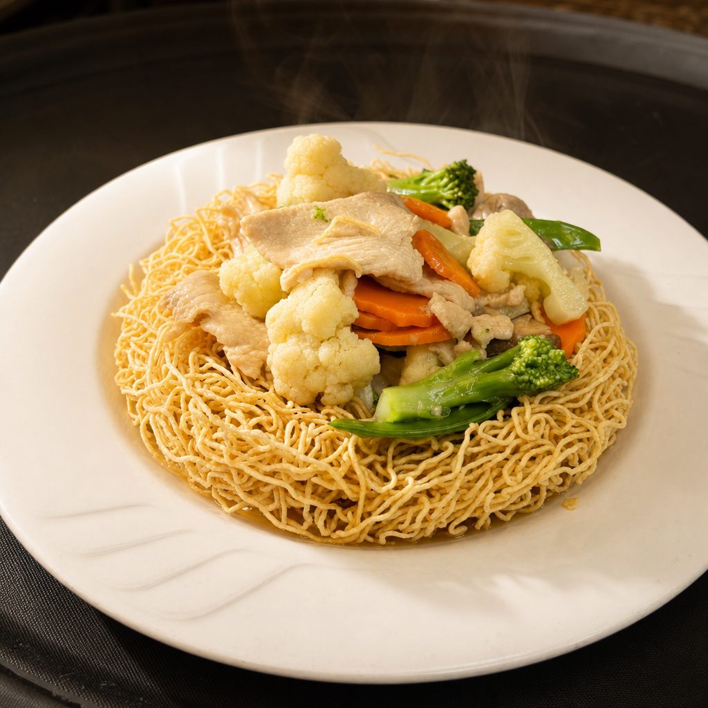 Crispy Egg Noodle Chicken.