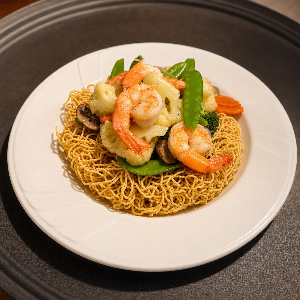 Crispy Egg Noodle Shrimp.