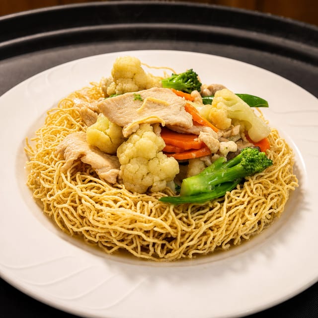 Crispy Egg Noodle Chicken.