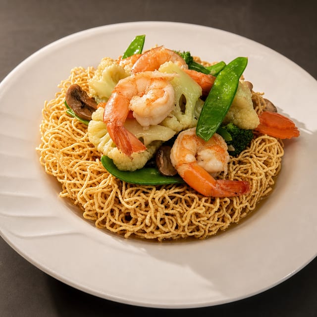 Crispy Egg Noodle Shrimp.